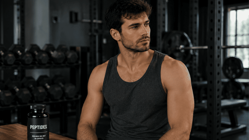 athletic man in gym with supplements and peptide visuals showing fitness goals