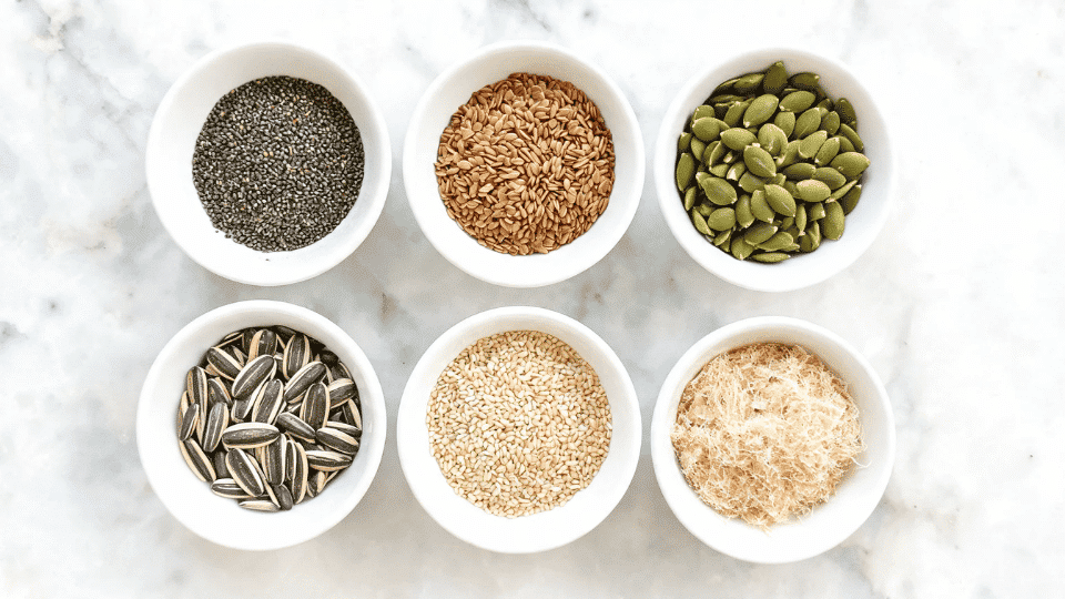 bowls of chia seeds flaxseeds pumpkin seeds sunflower seeds hemp seeds and sesame seeds arranged as high fiber toppings