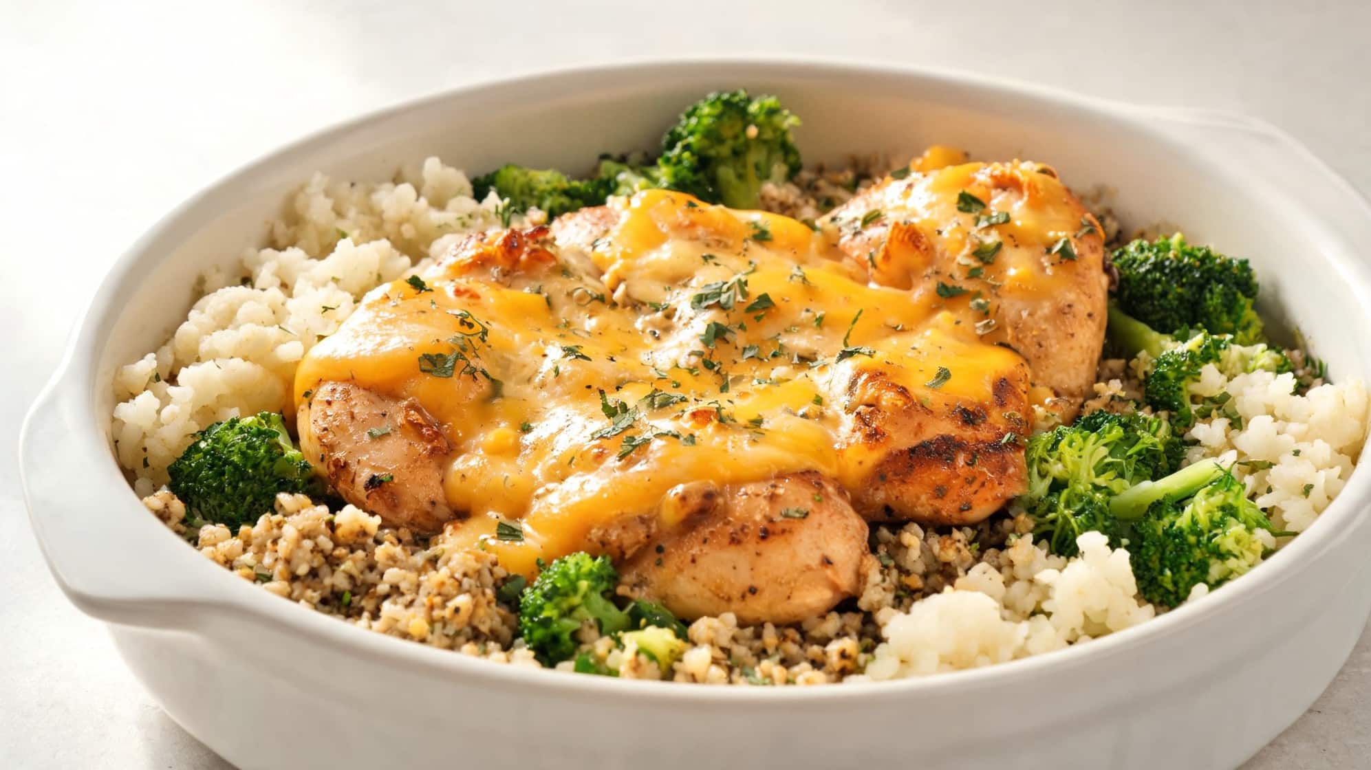 Cheesy chicken breast on a bed of quinoa, cauliflower, and broccoli in a white dish topped with herbs