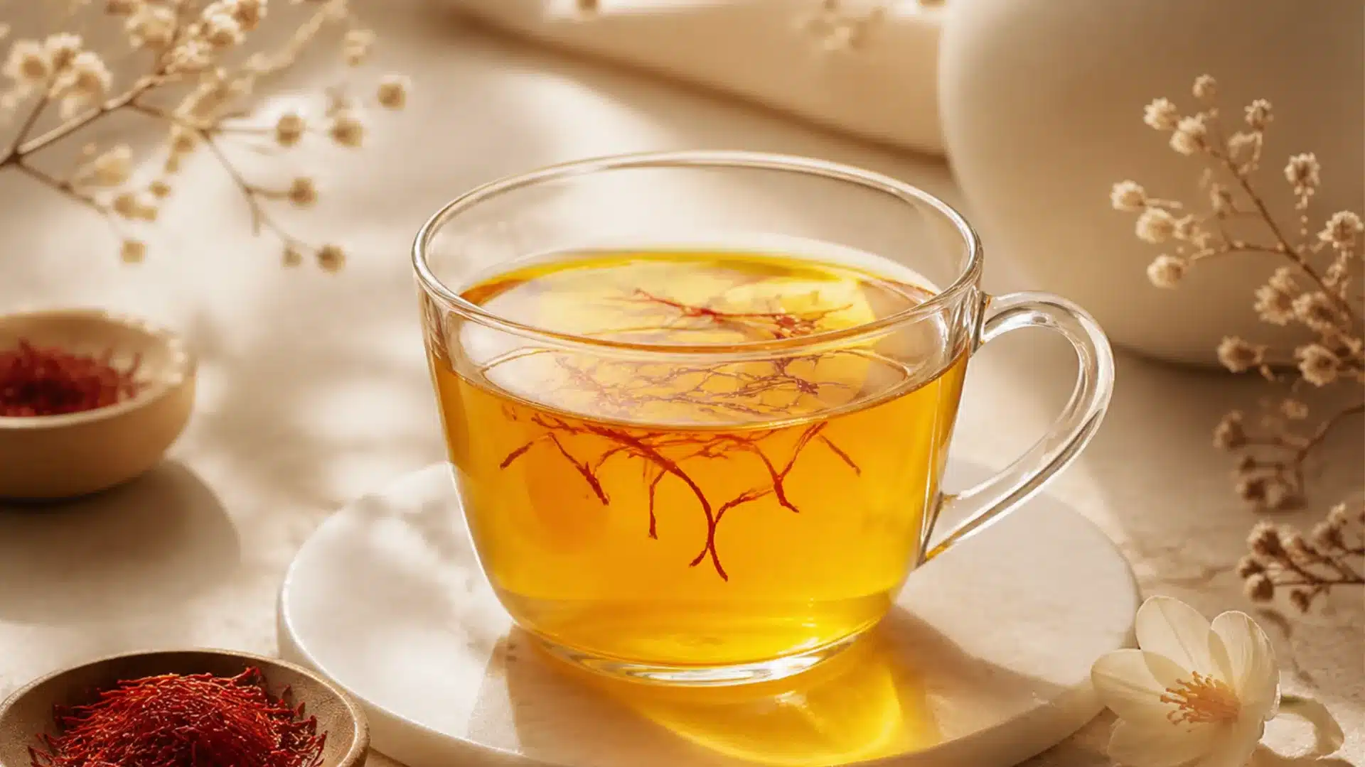 clear glass cup filled with saffron tea, saffron threads floating on top, surrounded by soft, neutral tones and natural elements