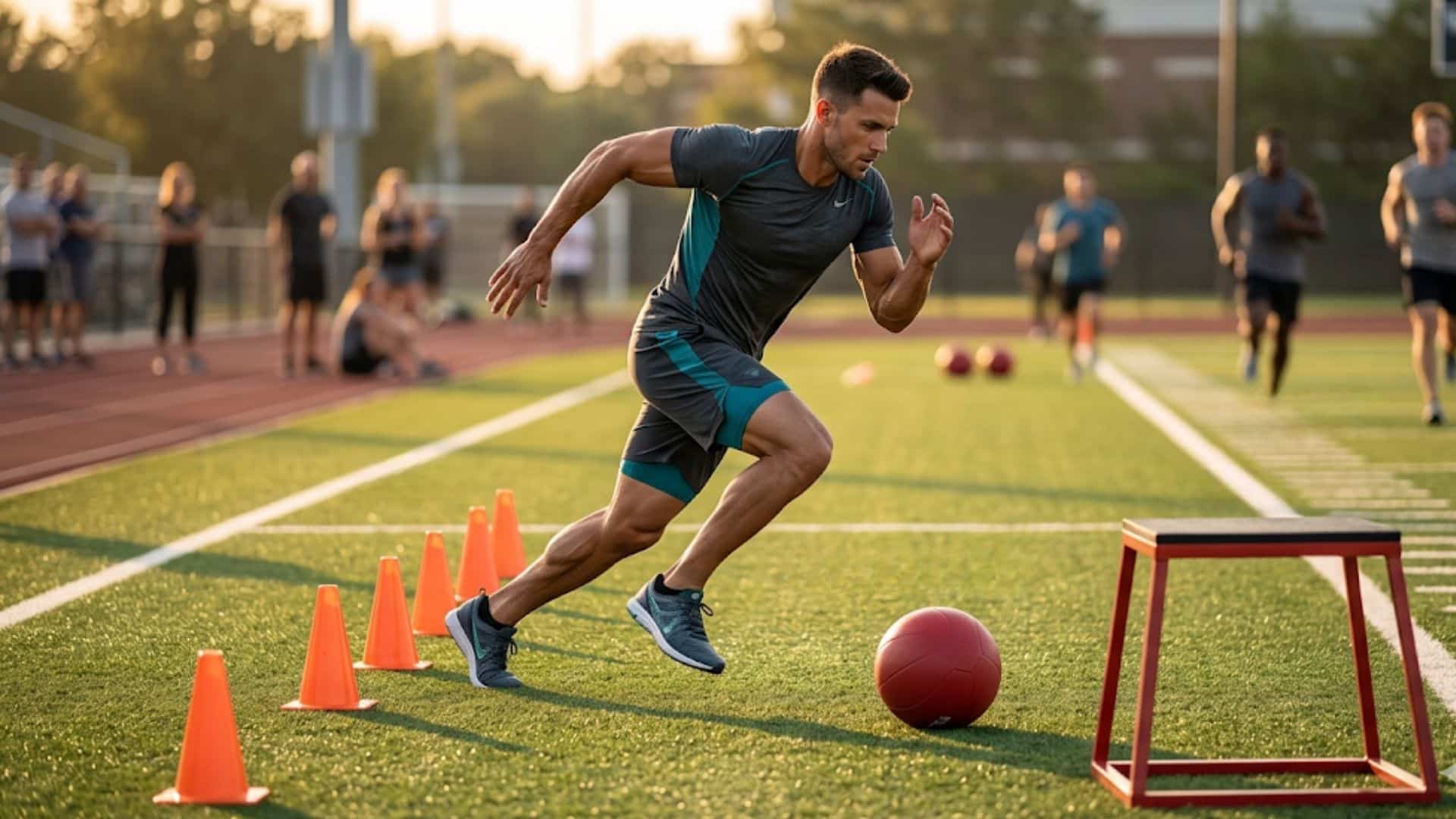 fitness blog cover featuring a male athlete in mid-sprint navigating an outdoor training circuit with cones and sports equipment