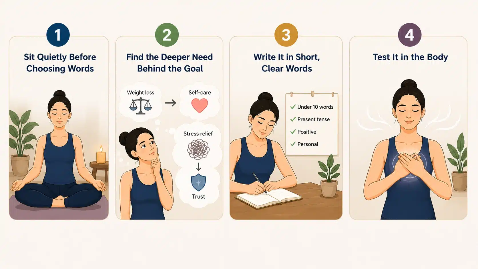 four step sankalpa creation process showing meditation reflection writing intention and body awareness practice sequence