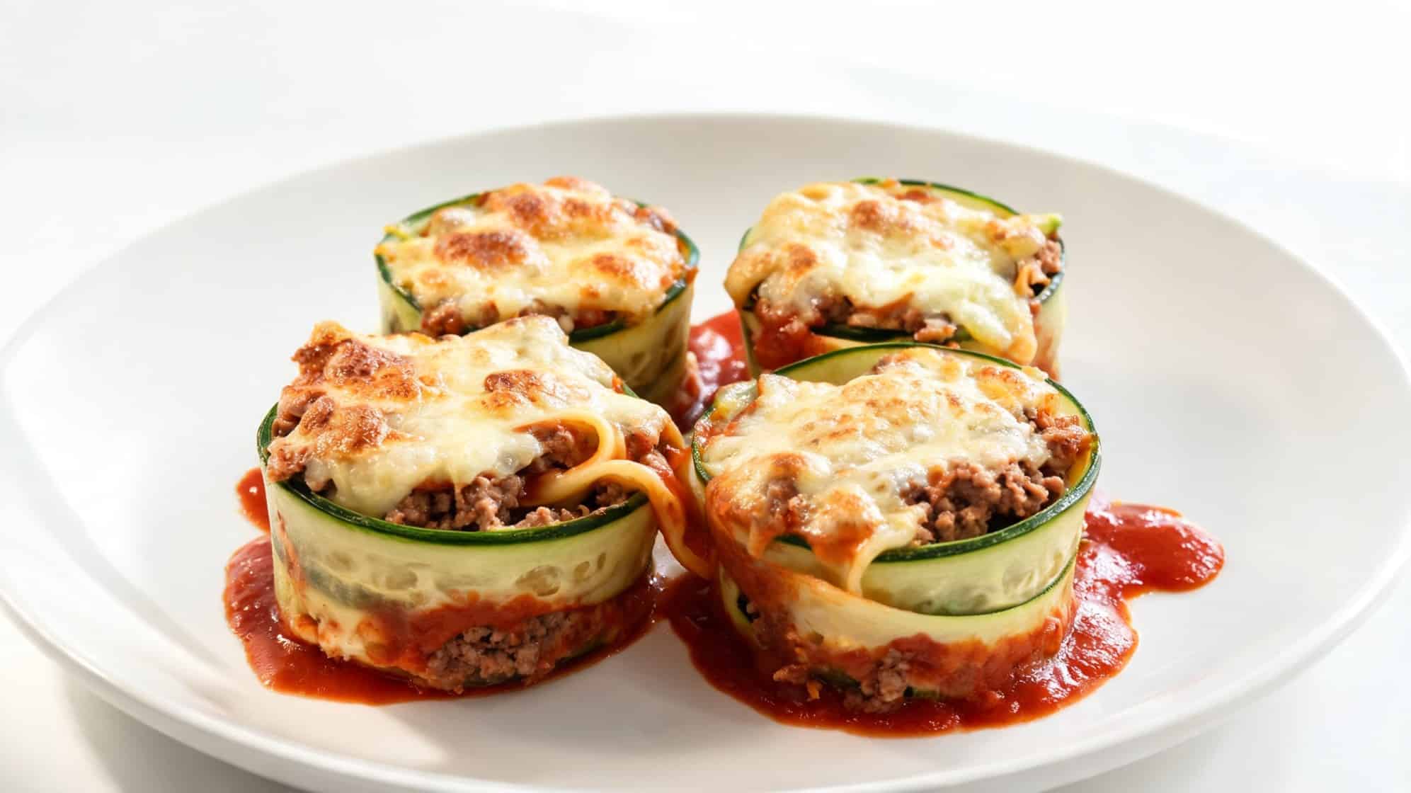 Four zucchini lasagna rolls filled with ground beef and topped with melted cheese are arranged on a white plate
