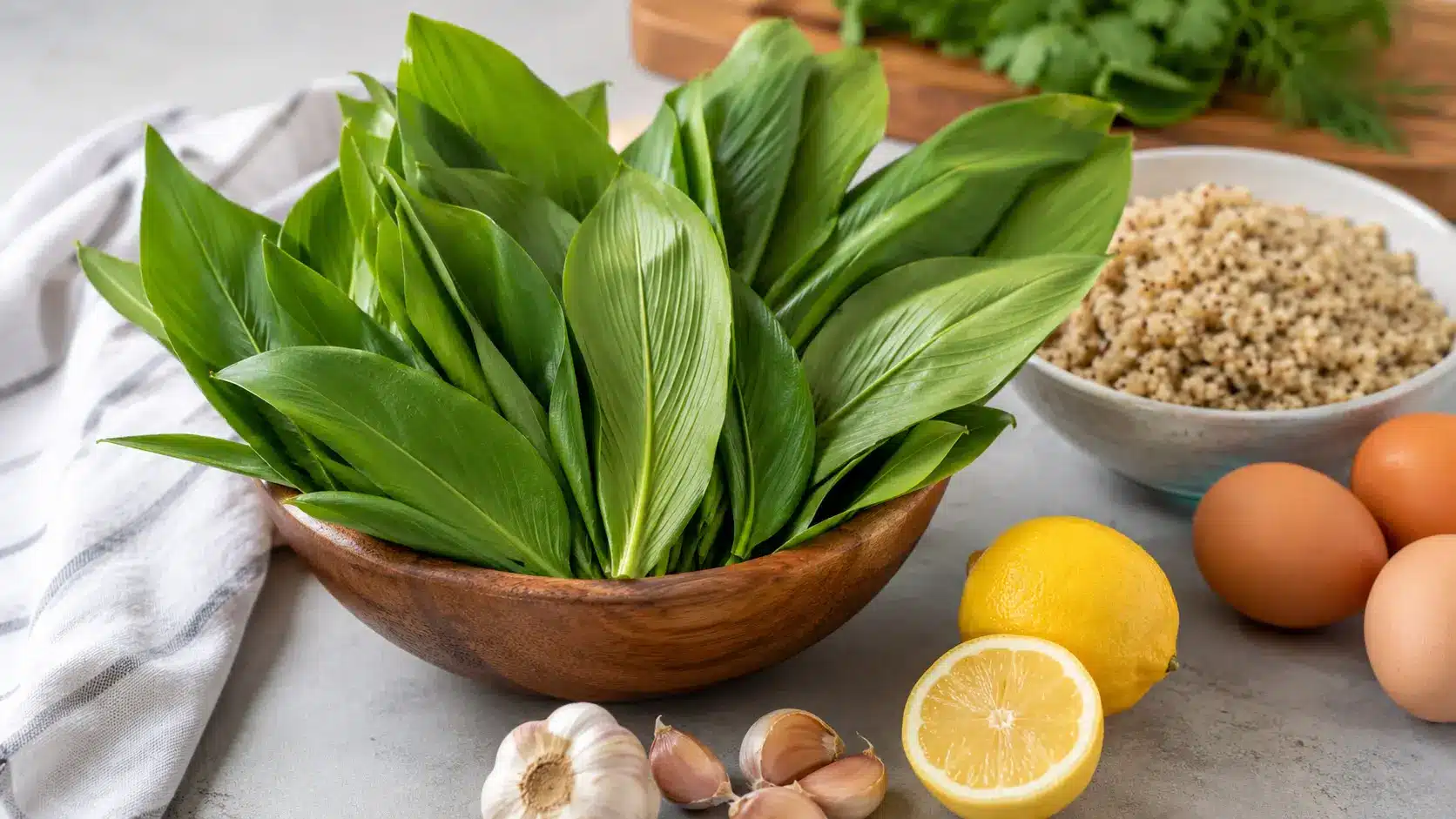 fresh plantain leaves in a small bowl beside lemon, garlic, eggs, and cooked grains on a kitchen counter