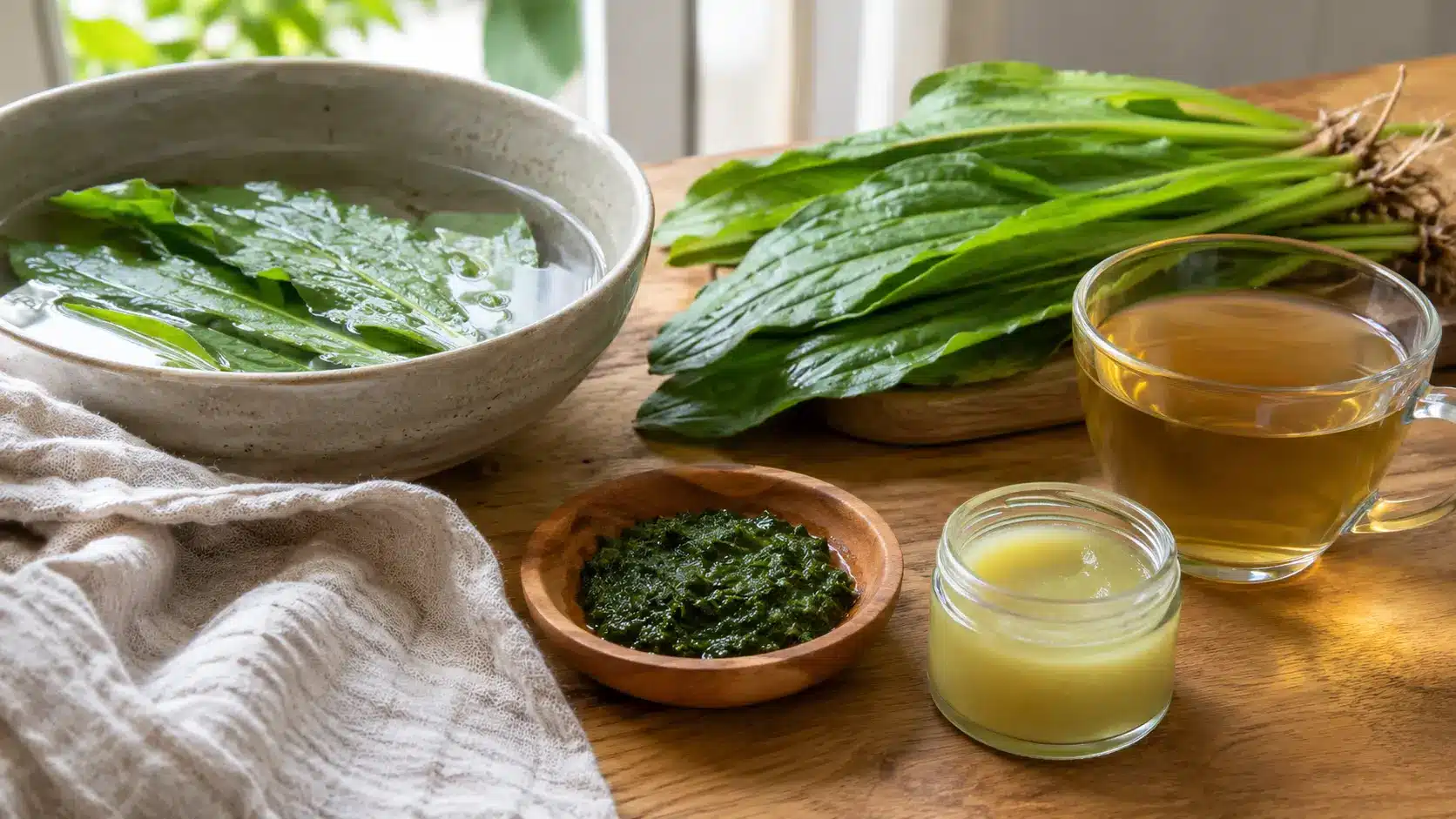 fresh washed plantain leaves, a crushed leaf poultice in a small bowl, a cup of herbal tea, and a glass jar of salve on a wooden table