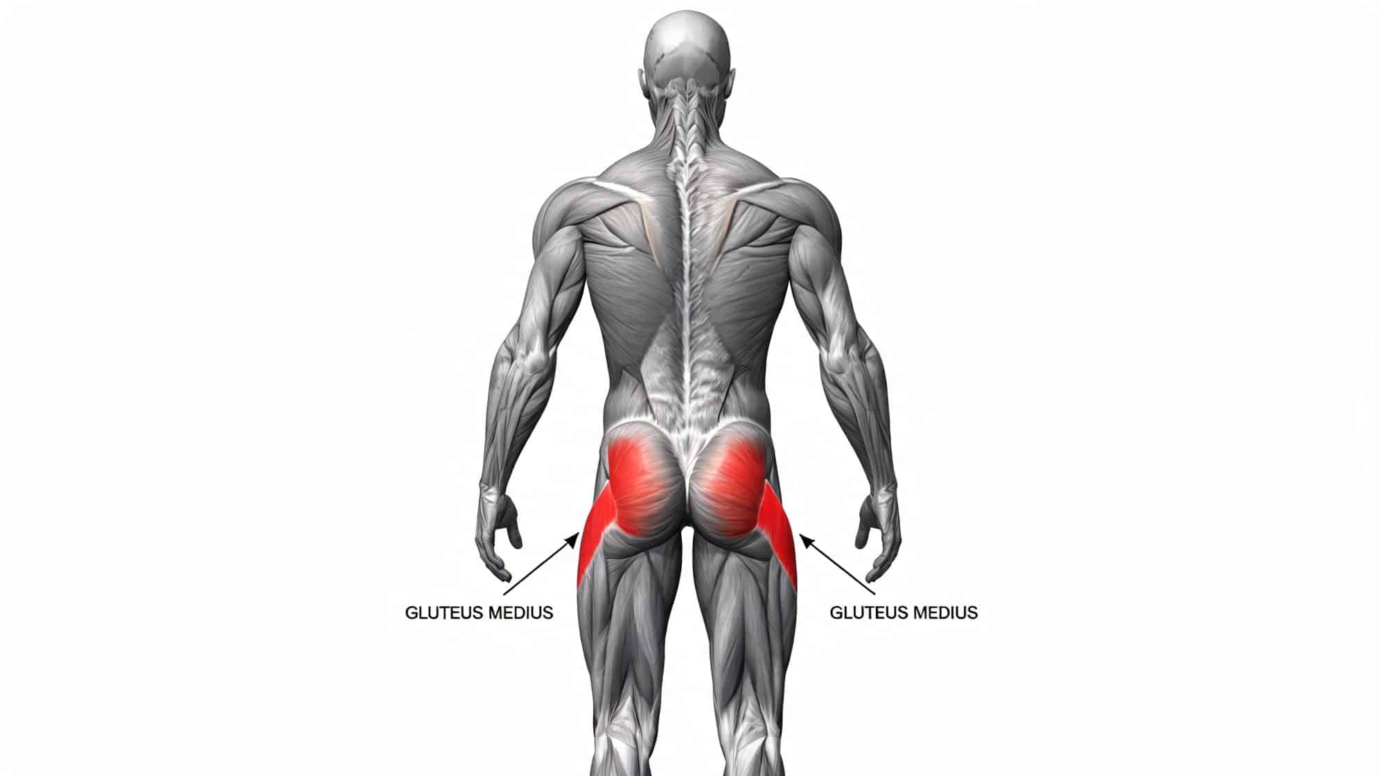 Illustration of a human muscular system from the back highlights the gluteus medius muscles in red.