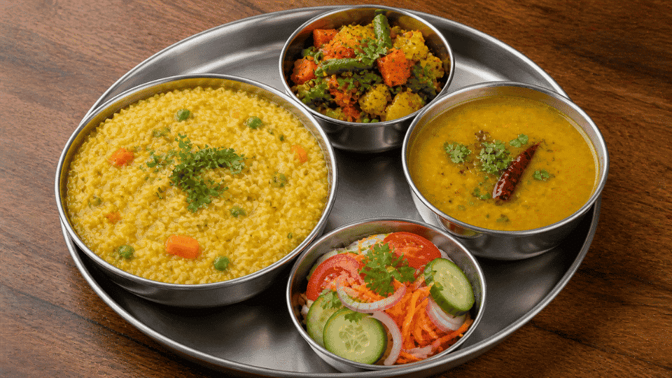 indian thali with khichdi dal cooked vegetables and fresh salad arranged on metal plate
