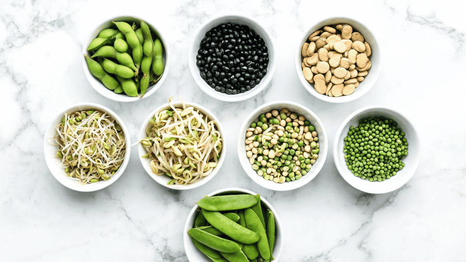 low carb legumes including edamame black soybeans lupini beans mung bean sprouts and snow peas in separate bowls