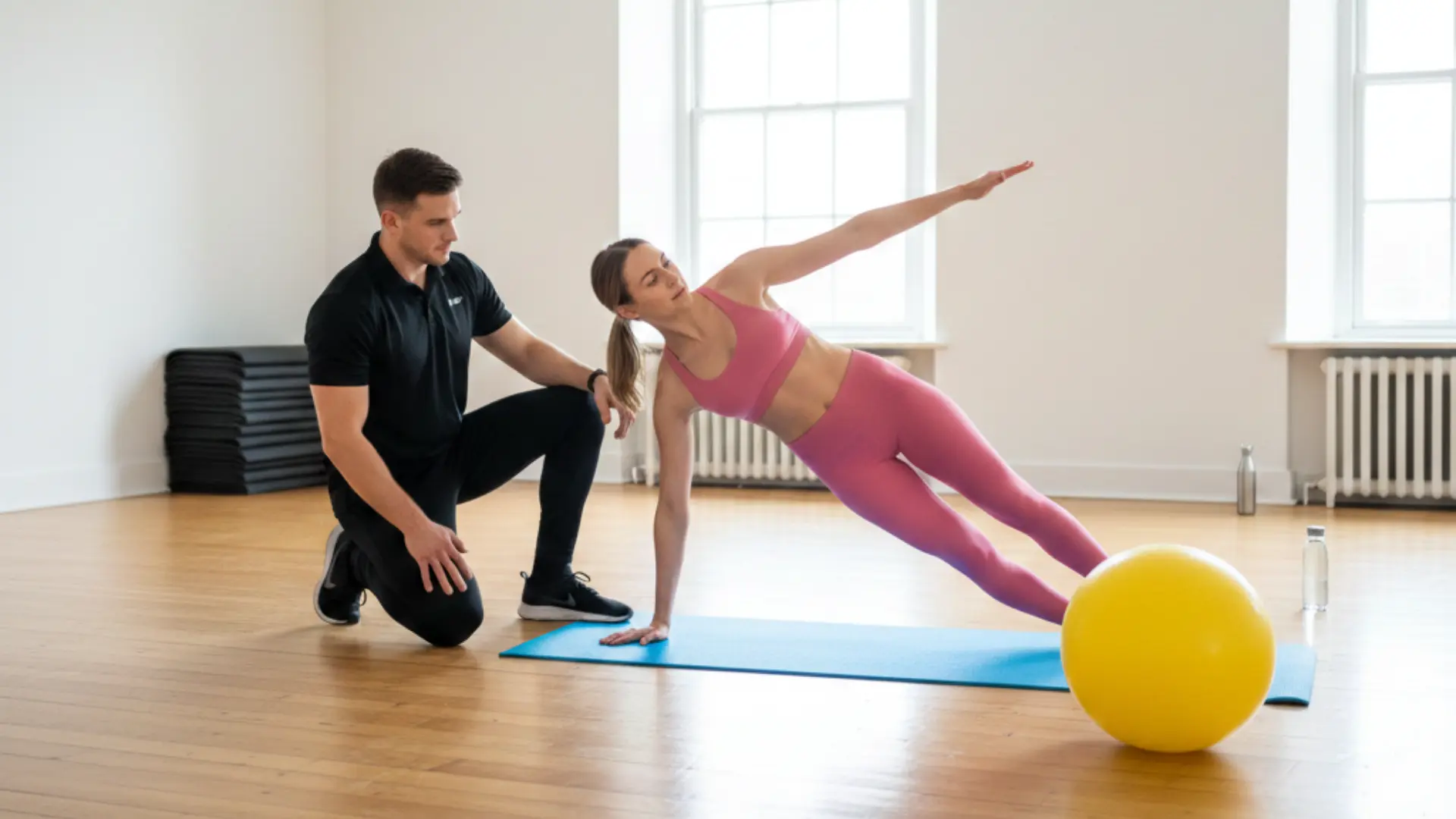 male trainer in black kneels by a woman doing a side plank on a blue mat in a bright,airy hardwood fitness studio