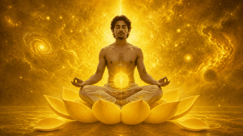 person meditating on golden lotus with glowing navel chakra cosmic background radiating warm energy light