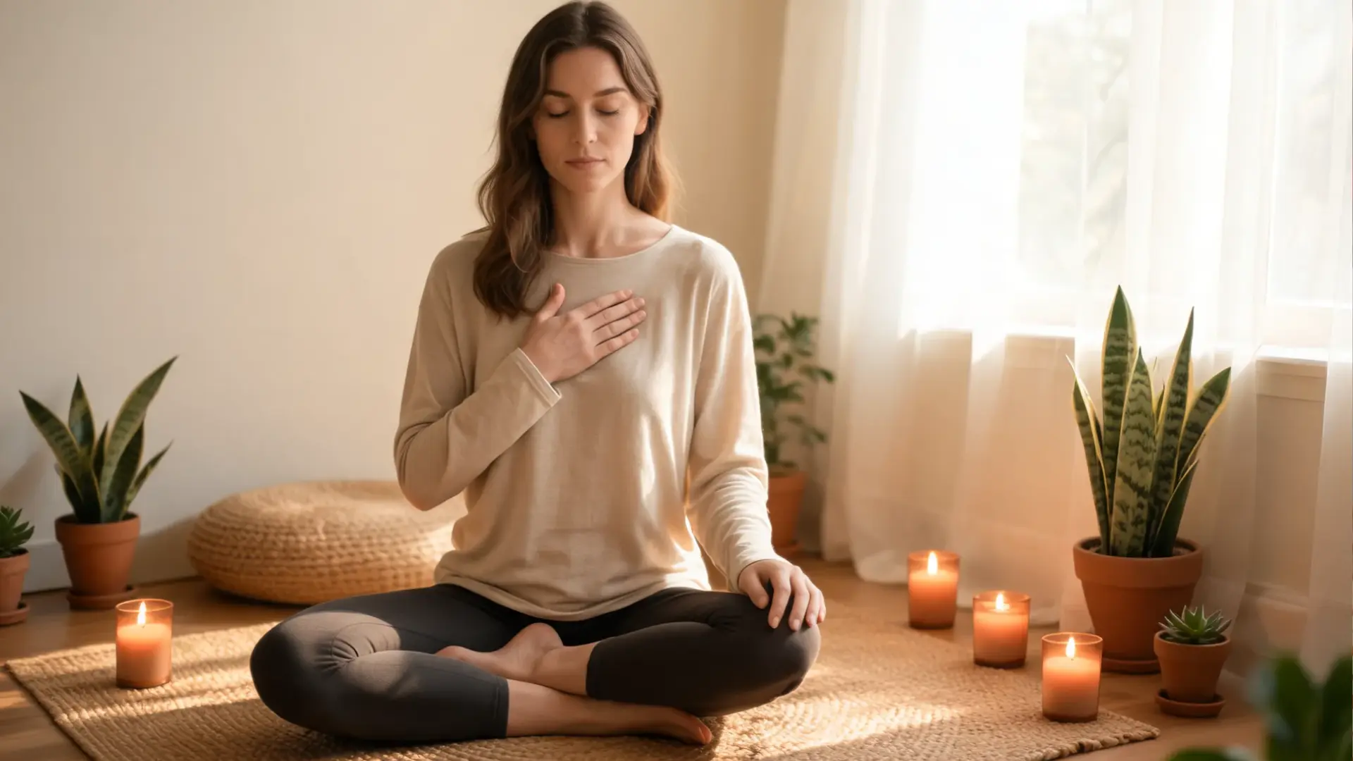 person sitting in meditation on a yoga mat near a window with soft morning light