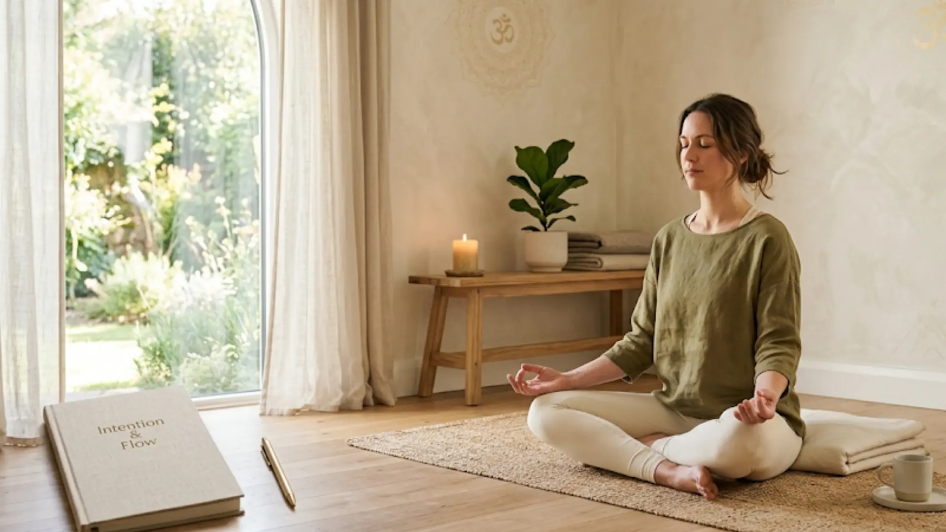 person sitting in meditation on a yoga mat near a window with soft morning light (1)