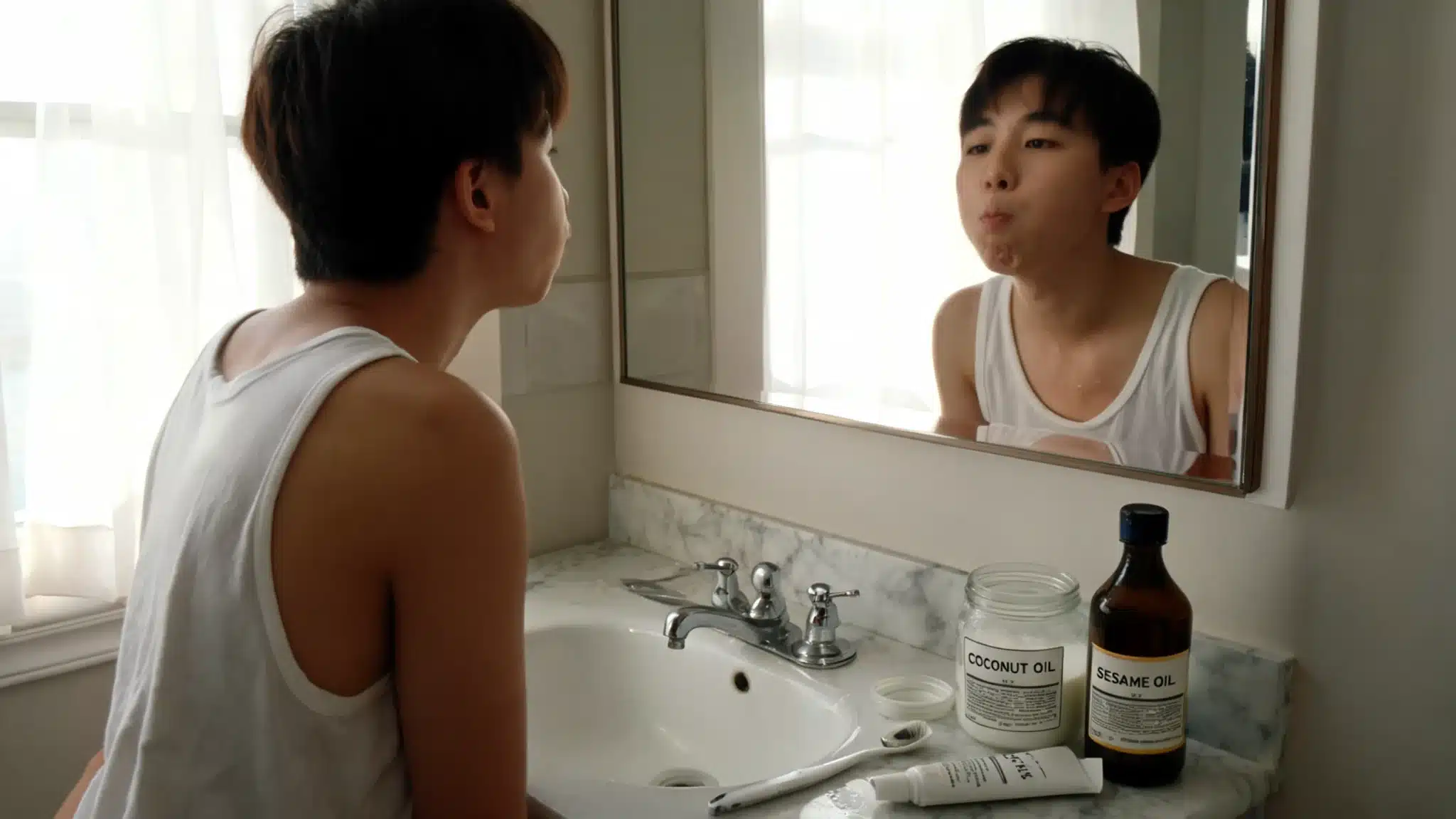 person swishing oil in a morning bathroom routine with coconut oil, toothbrush, and natural light by the sink