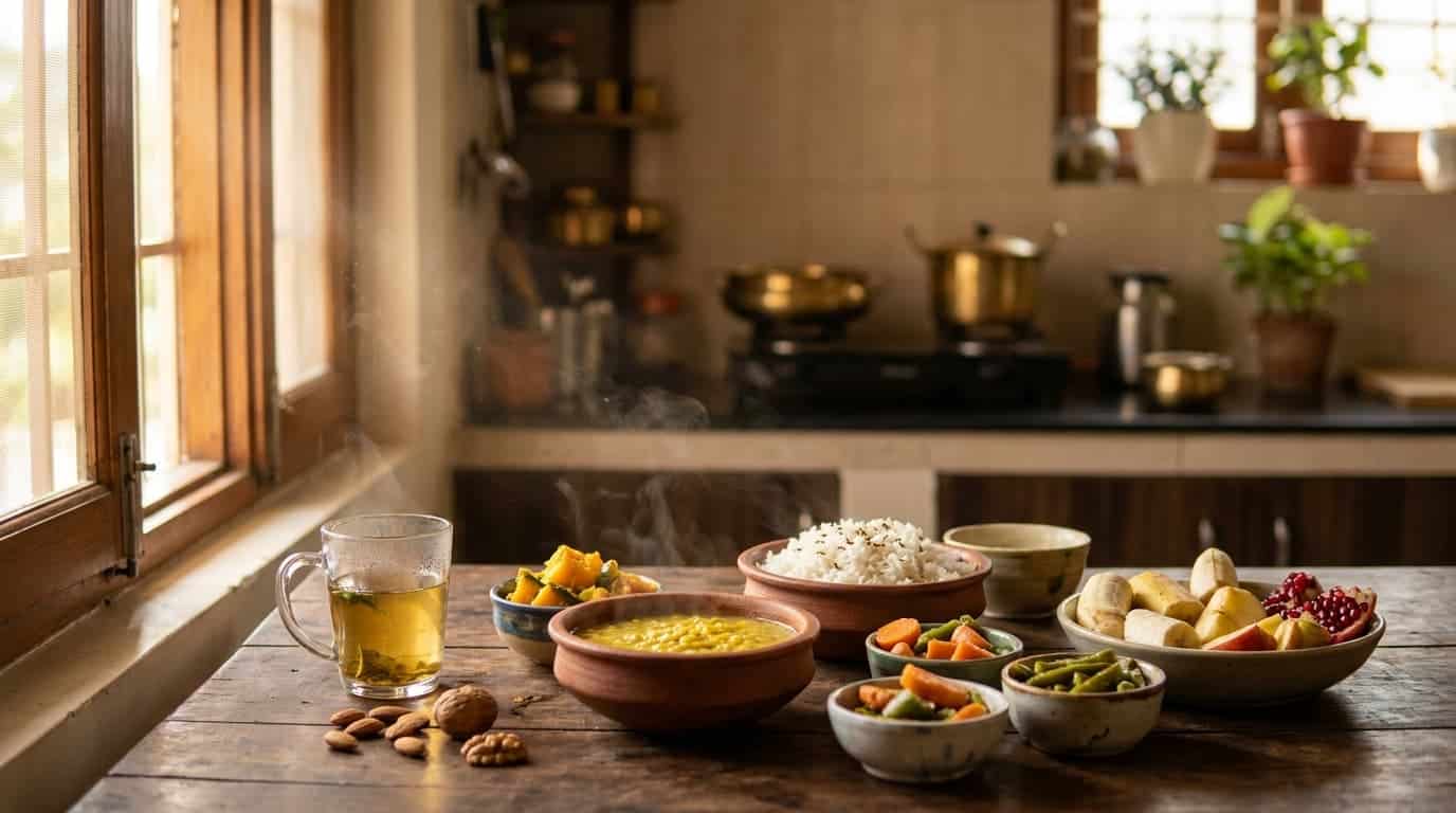 realistic satvik meal on wooden table with rice dal vegetables fruits and tea in warm morning light kitchen scene