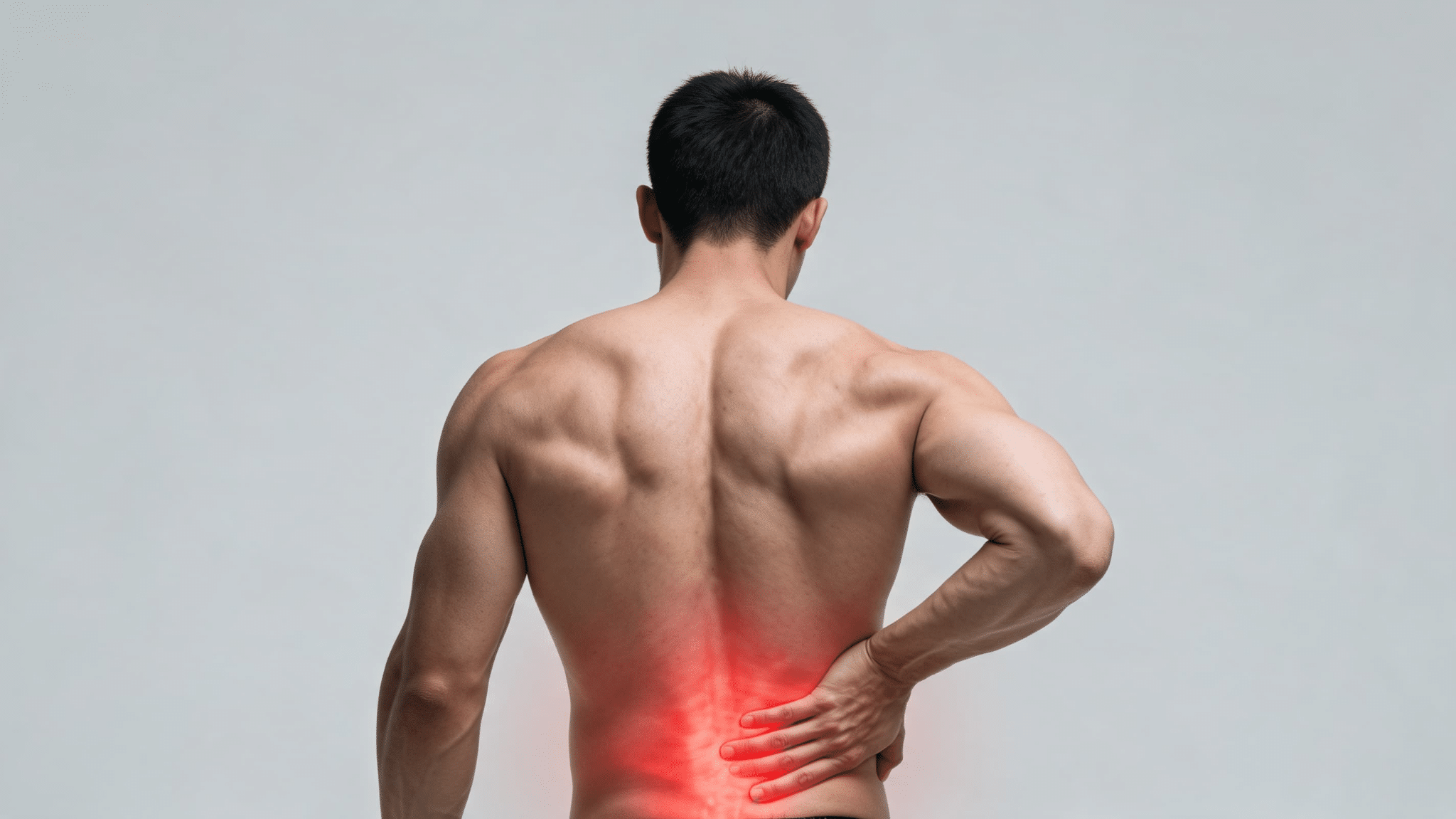 Shirtless man viewed from behind holding his lower back in pain, with red highlighting the area suggesting discomfort