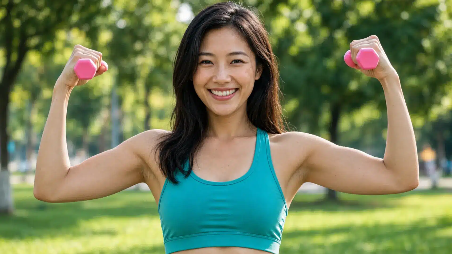 smiling woman holds pink dumbbells, flexing her biceps outdoors in a green park