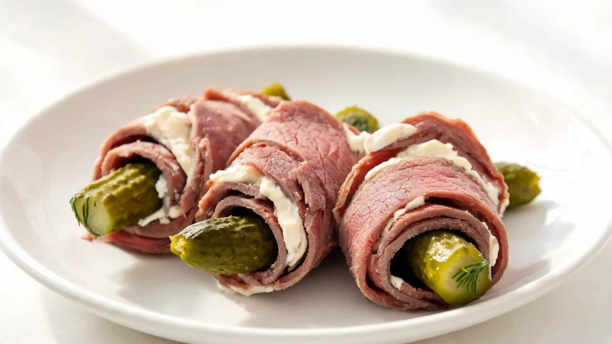 Three beef roll-ups with creamy cheese and pickles are arranged on a white plate.