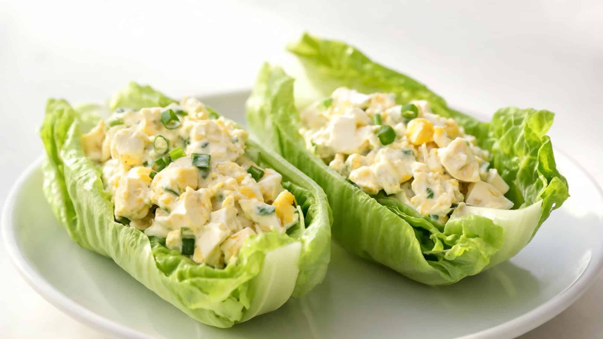 Two crisp lettuce boats filled with creamy egg salad garnished with green onions on a white plate.