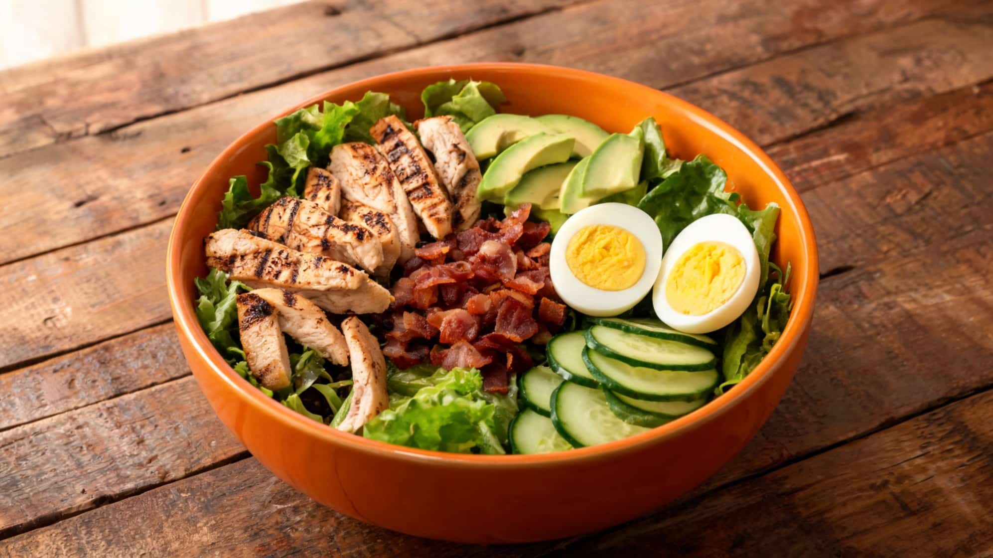 vibrant Cobb salad in an orange bowl on a wooden table. Features grilled chicken, bacon, avocado, hard-boiled eggs, cucumber, and lettuce