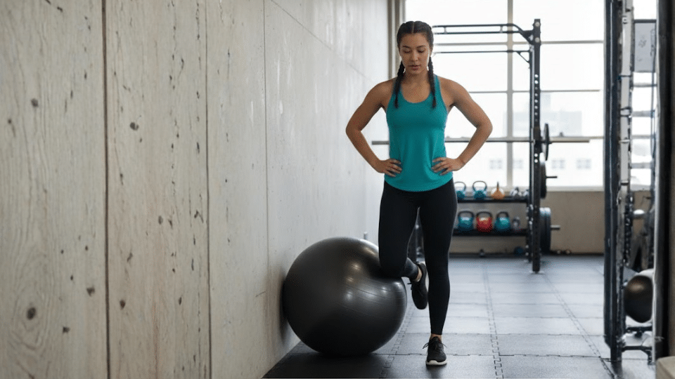 woman performing the captain morgan exercise with a stability ball against a gym wall for hip stability training.