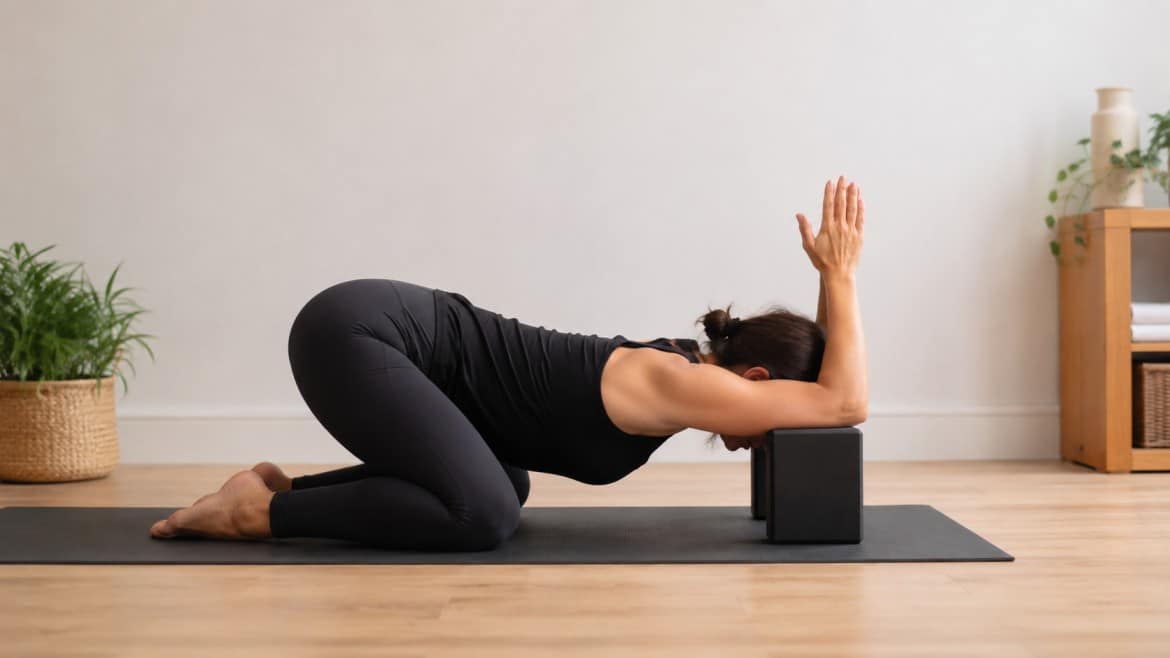 woman practicing supported puppy pose yoga with elbows on blocks in a calm minimal indoor space