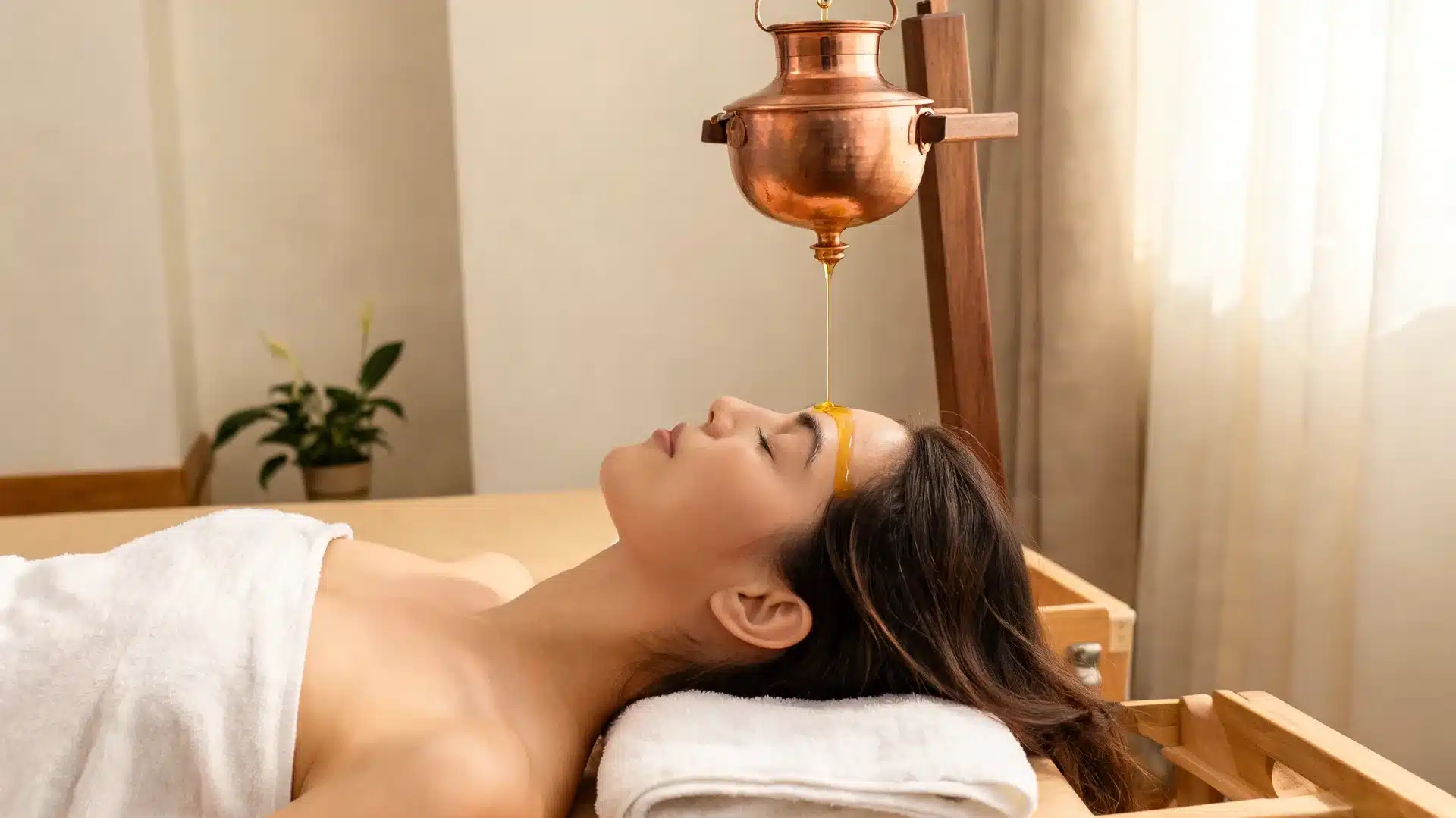 woman receiving shirodhara massage on ayurvedic table with oil flowing onto forehead in peaceful room