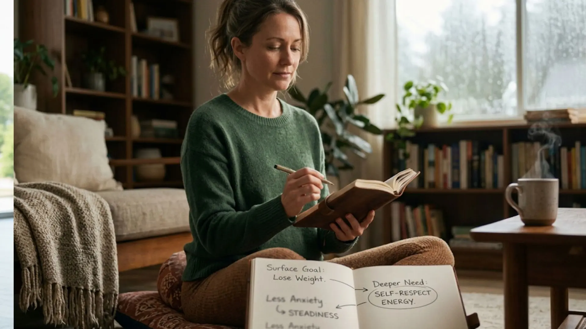 woman sits on the floor journaling; a nearby page links surface goals like weight loss to deeper needs like self-respect and energy