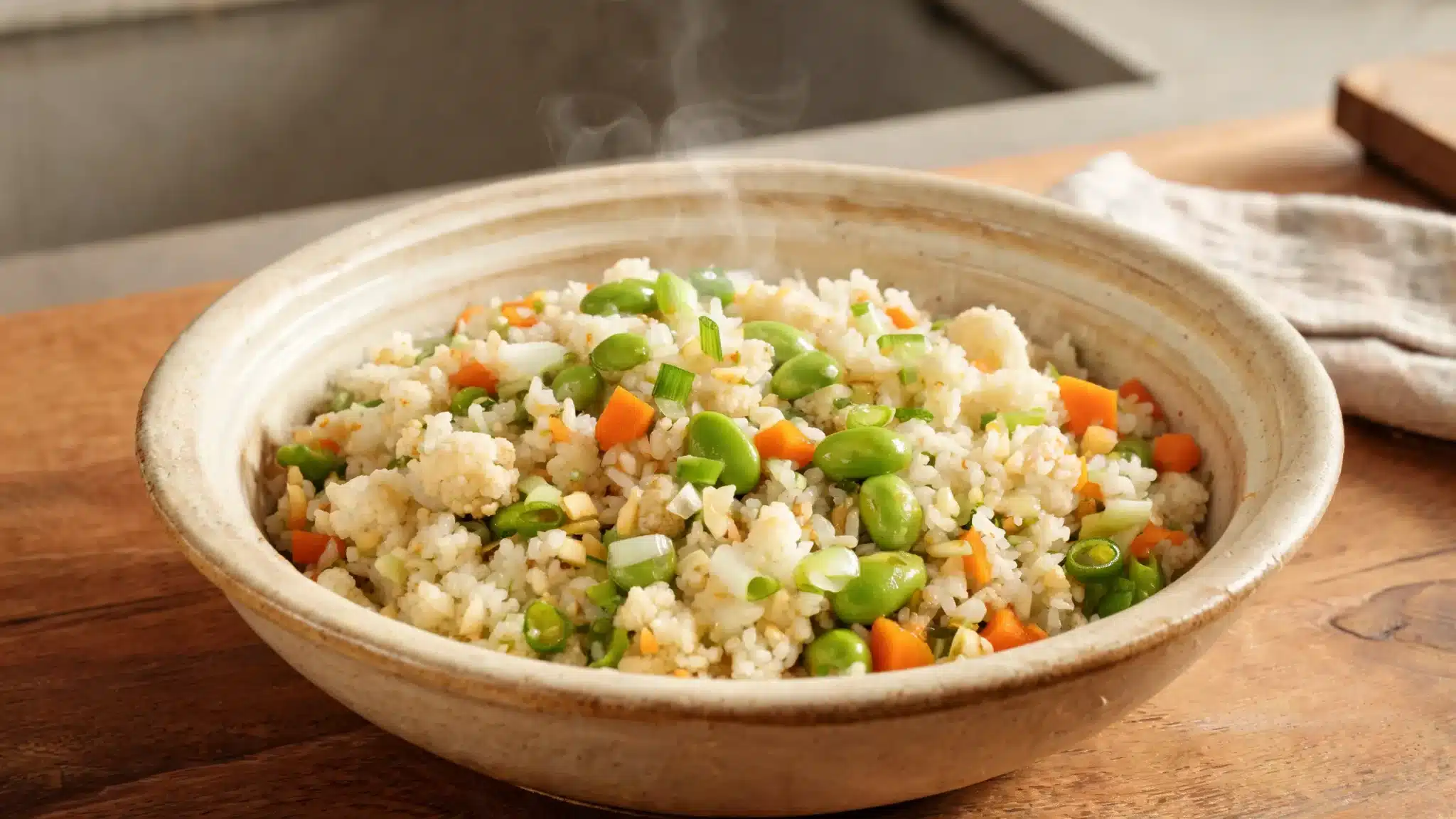 Cook cauliflower rice with shelled edamame carrots green onion garlic and a splash of low-sodium soy sauce in a bowl