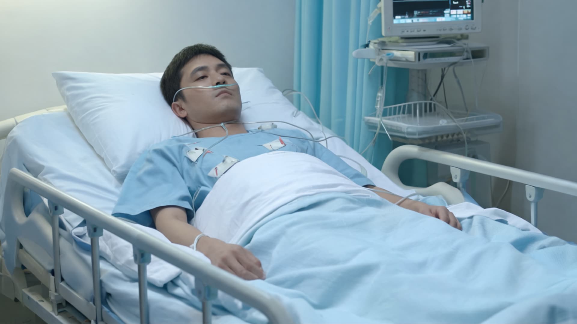 a male patient lying in a hospital bed connected to heart monitor and oxygen tubes looking unwell