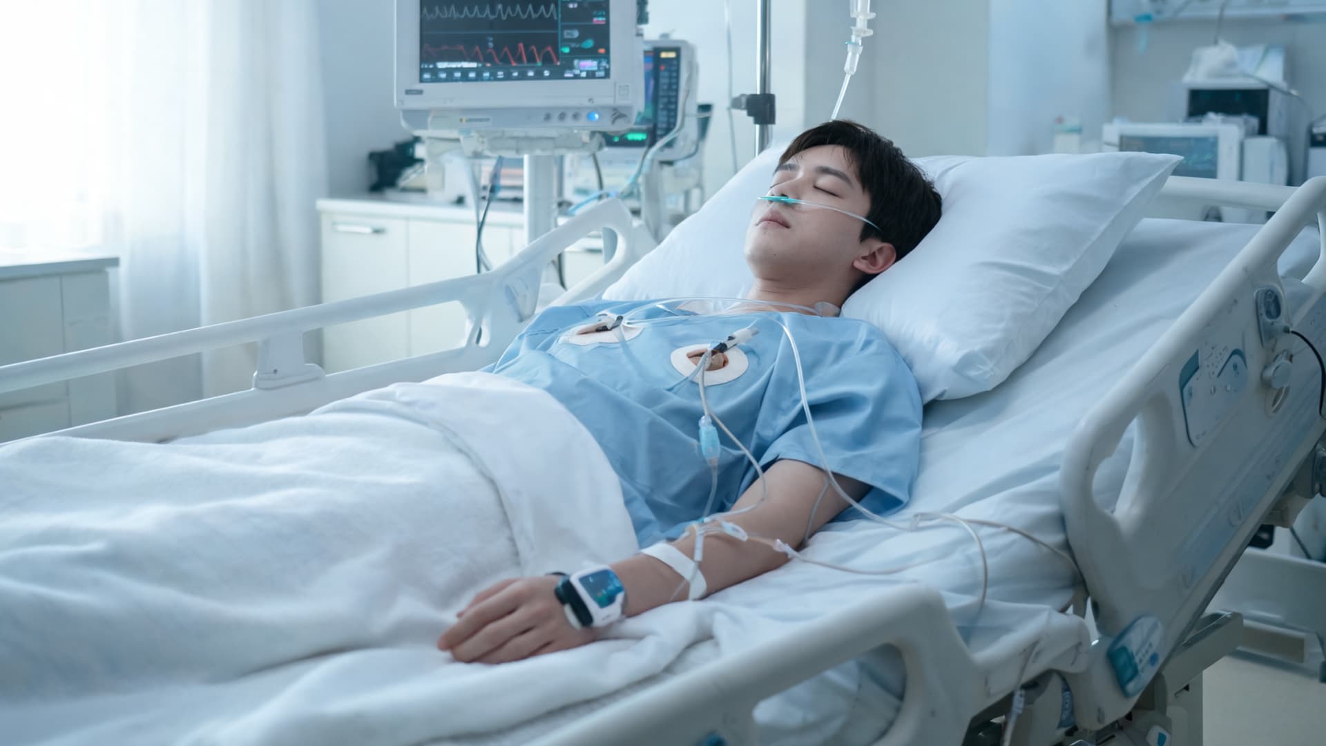 a patient lying in a hospital bed connected to monitoring equipment in a medical room