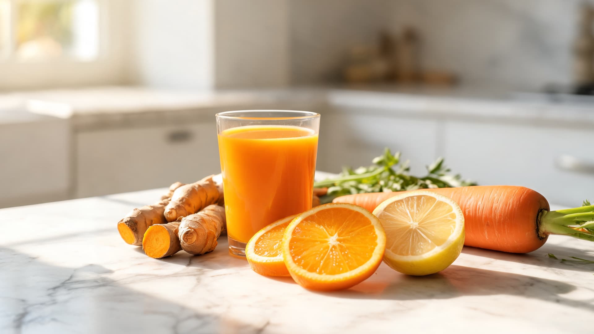 a refreshing glass of orange carrot juice on a sunlit kitchen counter with fresh ginger