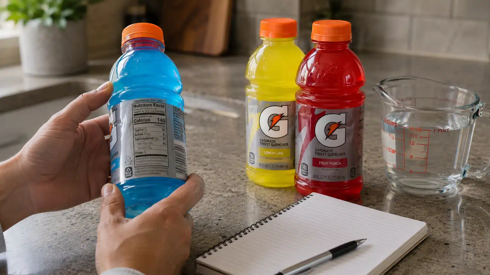 adult hand comparing gatorade bottles and nutrition labels on a kitchen counter