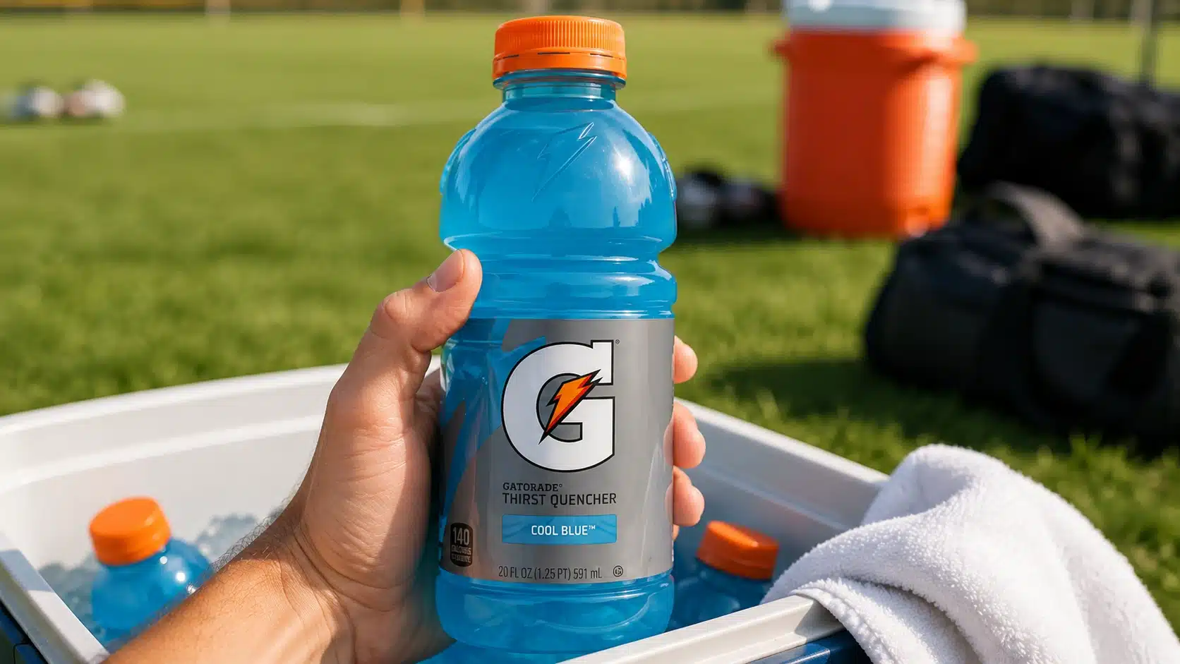 adult hand picking up gatorade thirst quencher from a cooler after outdoor sports practice