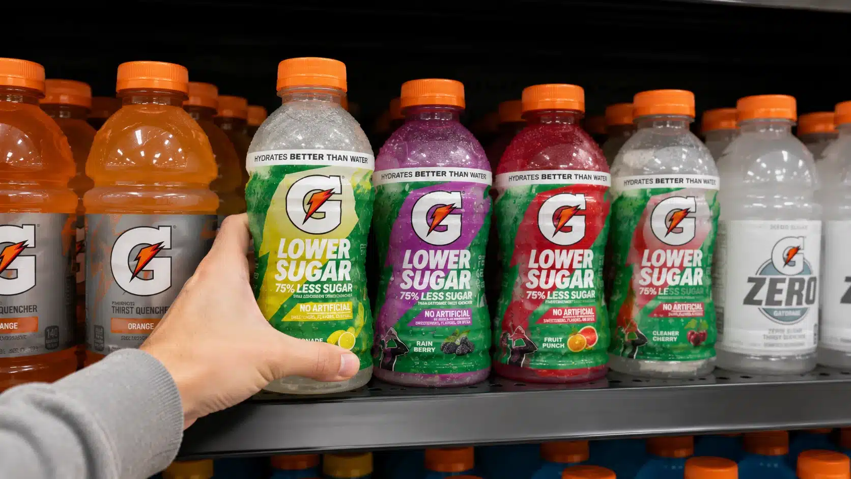 adult hand reaching for gatorade lower sugar on a grocery shelf among sports drinks