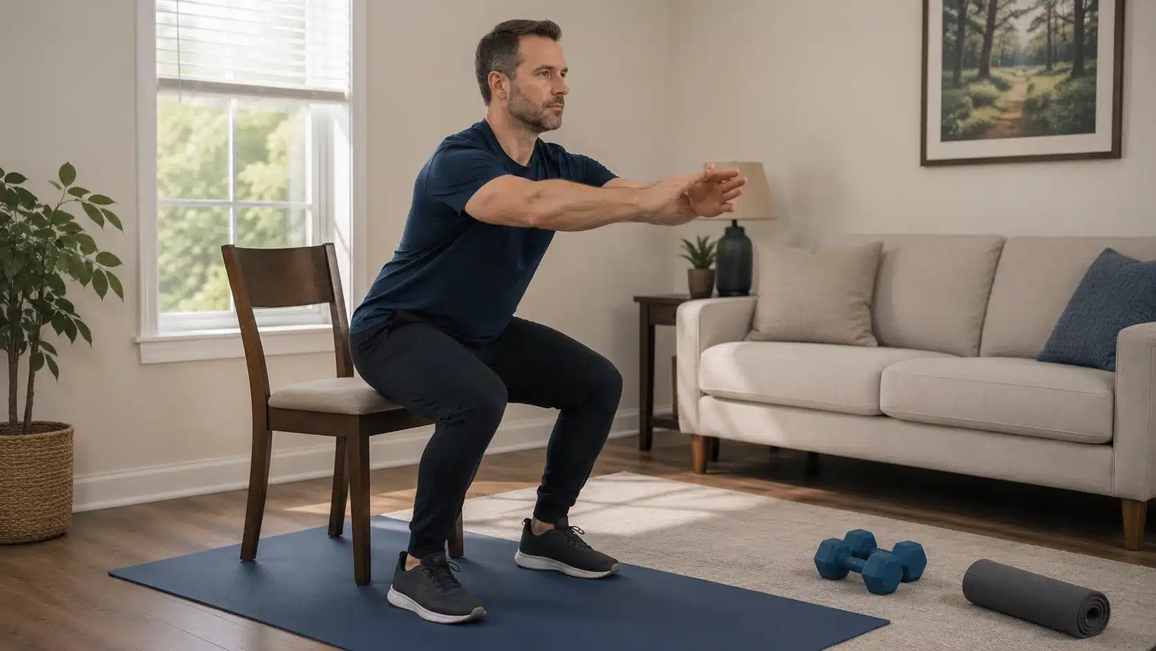 adult man doing a chair squat in a home workout space with simple equipment and natural posture