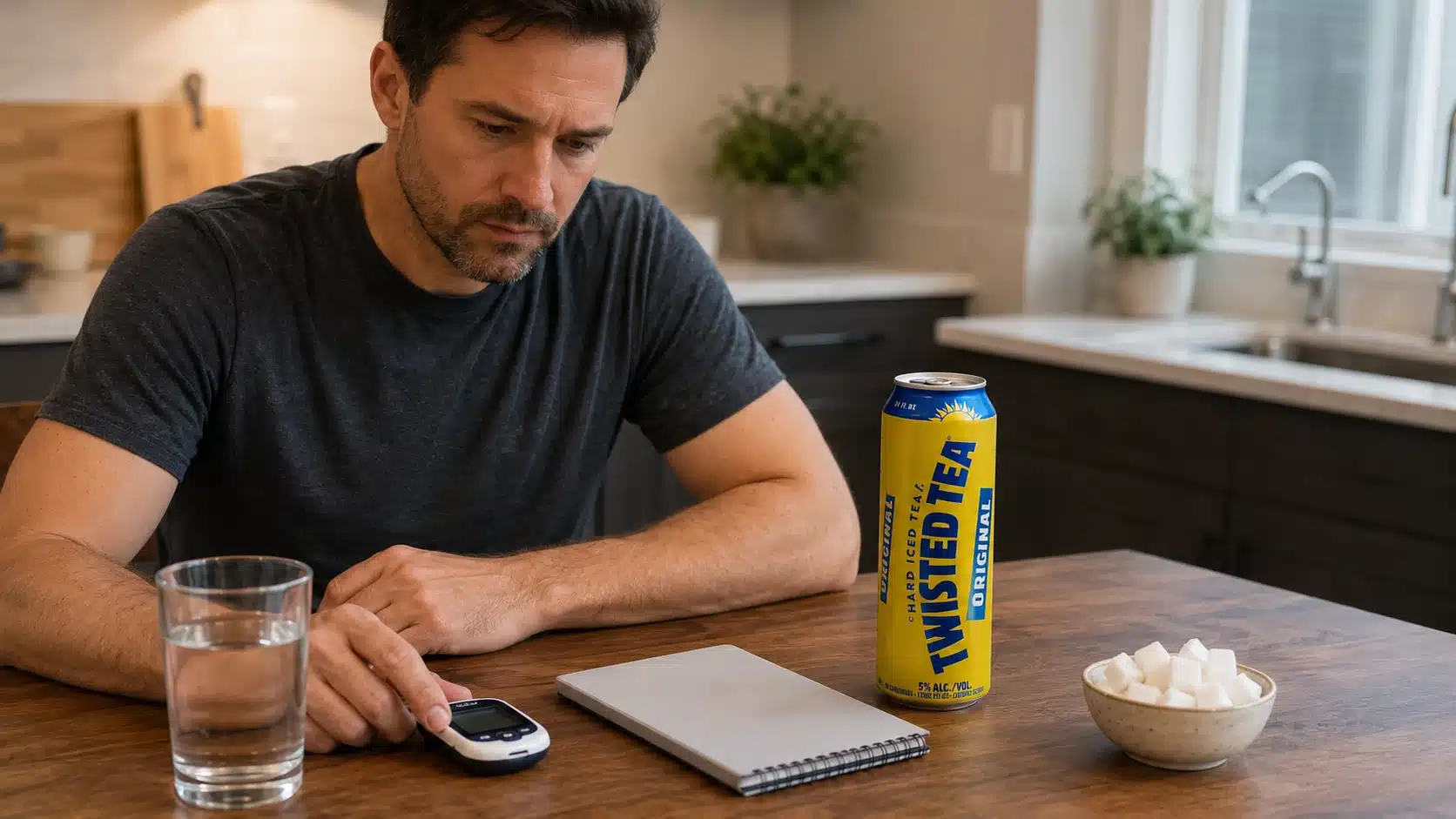 adult reviewing twisted tea with glucose meter water and sugar cubes for blood sugar context