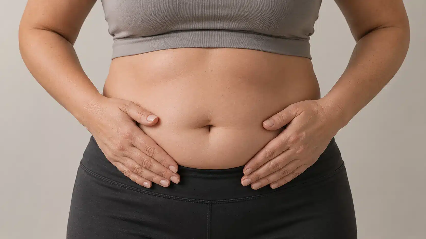 adult torso in workout clothes showing lower belly fold with hands resting gently near abdomen