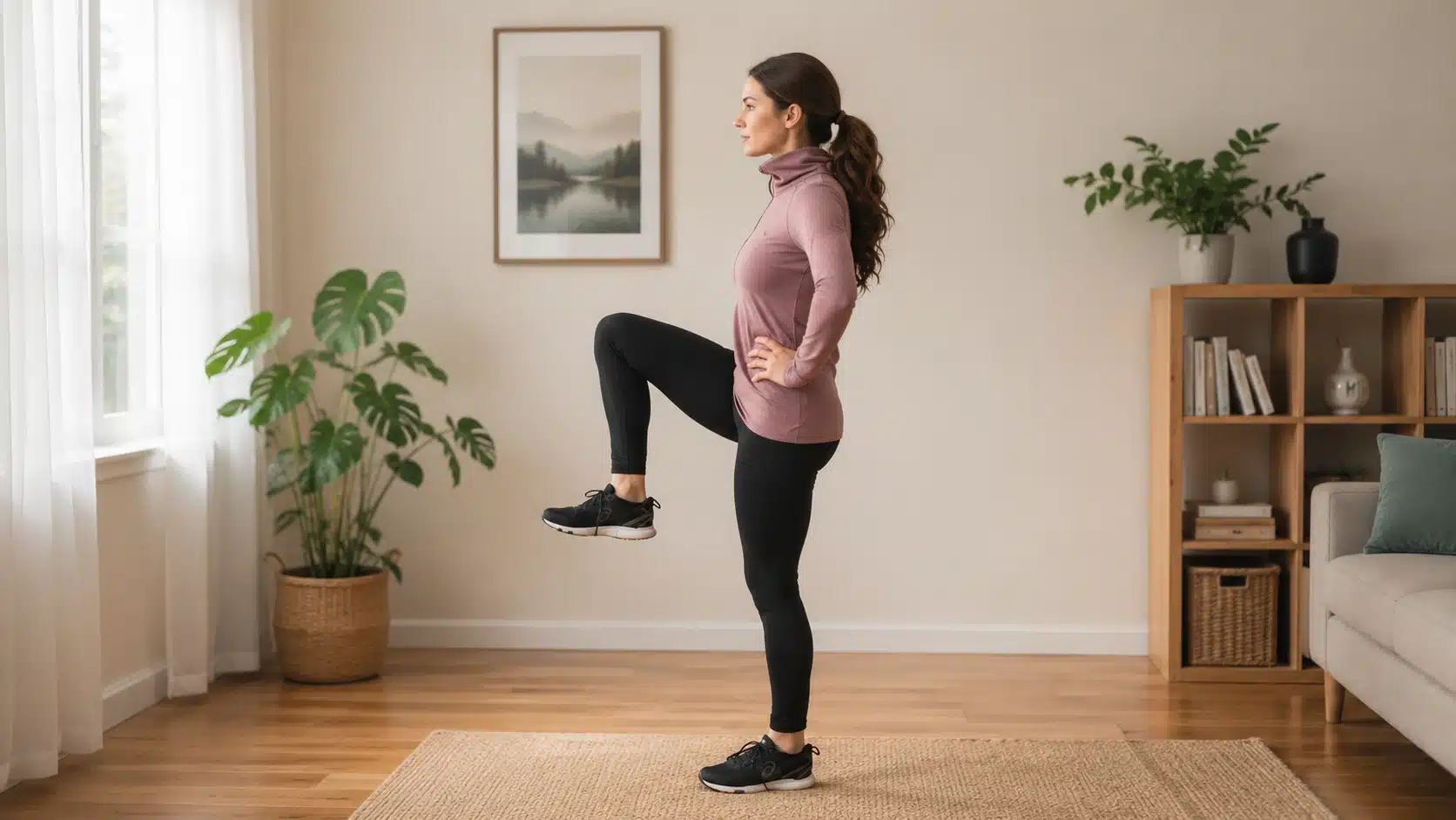 adult woman doing standing marches at home with one knee lifted and steady upright posture