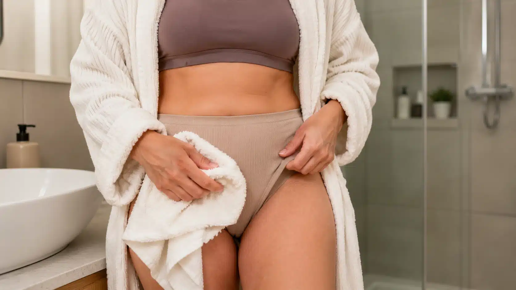 adult woman in a bathroom gently drying the lower belly area with a towel after bathing