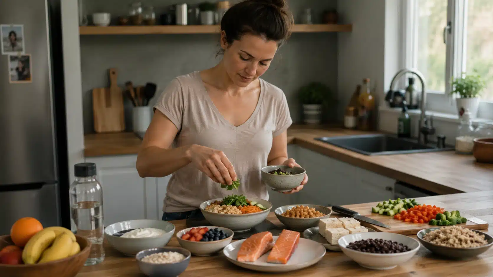 adult woman preparing a balanced meal with protein fiber rich foods and water in her kitchen