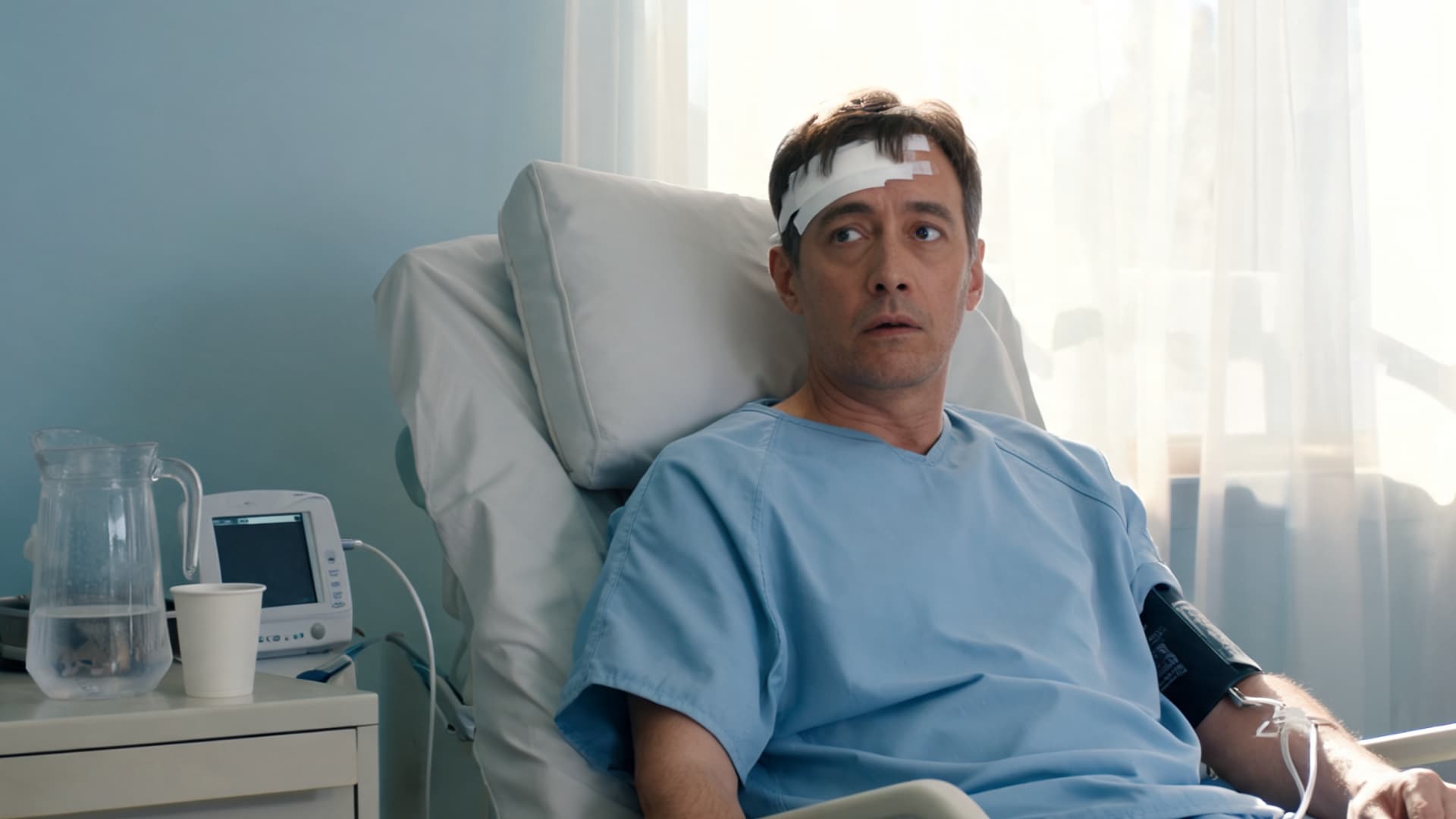 an adult male patient sitting in hospital bed with bandaged head and monitoring devices looking concerned