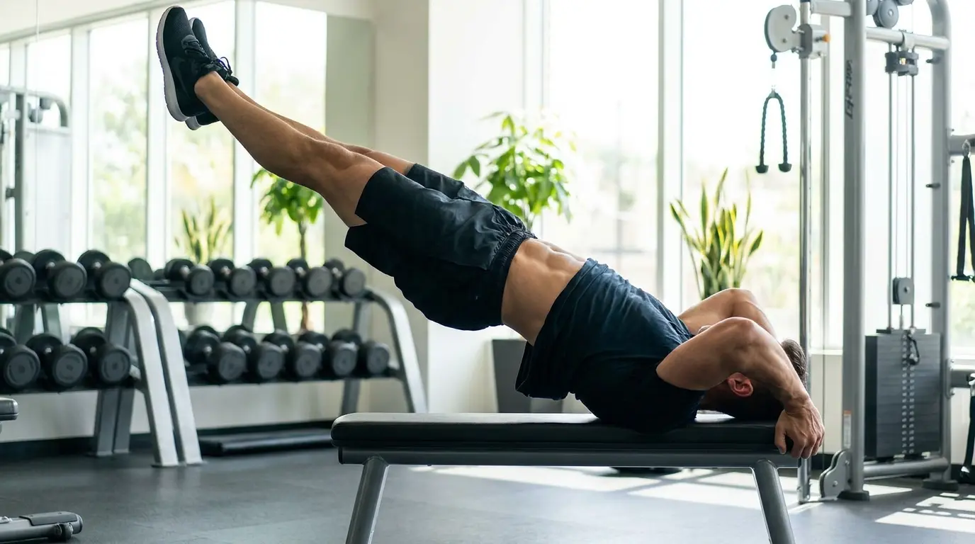 athlete performing a controlled dragon flag on a bench with strong core tension in a modern gym