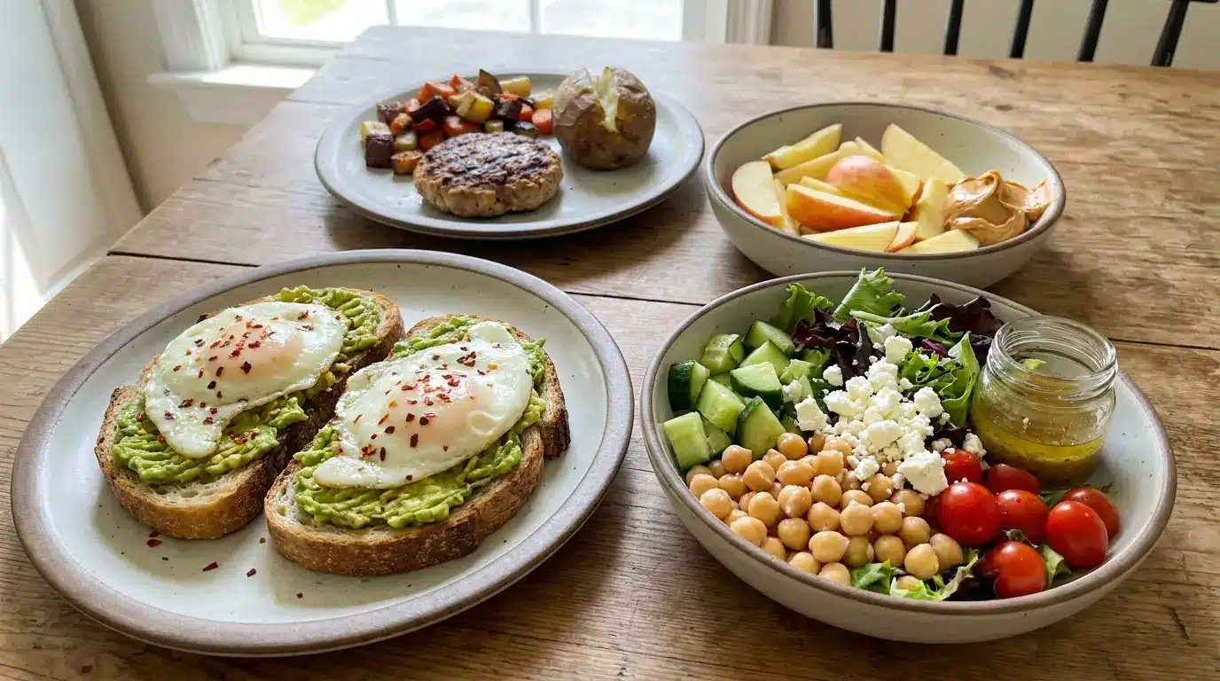 avocado toast chickpea salad apple peanut butter and turkey burger plate for the final meal day