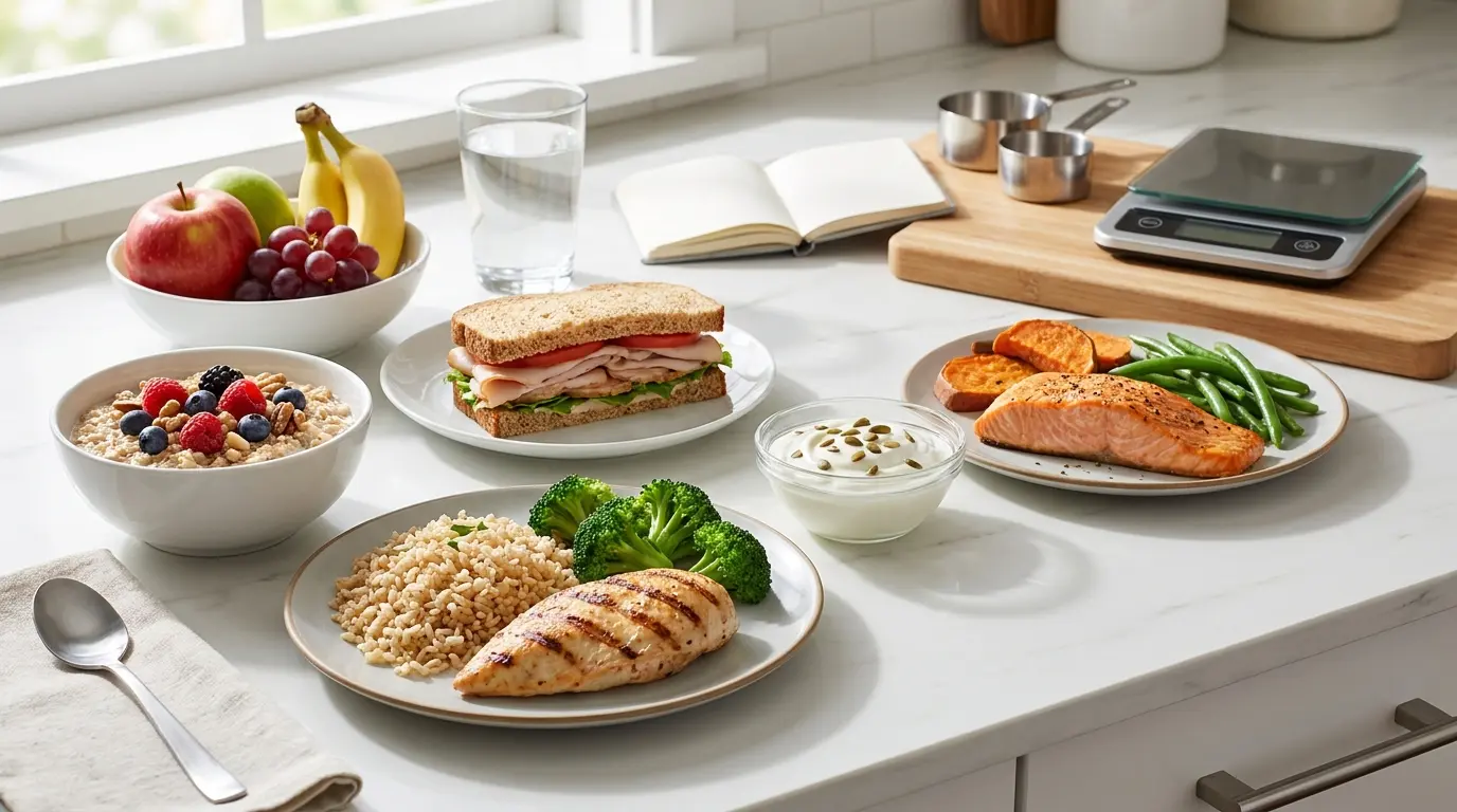 balanced 1200 calorie meal plan with fresh american meals arranged on a bright kitchen counter
