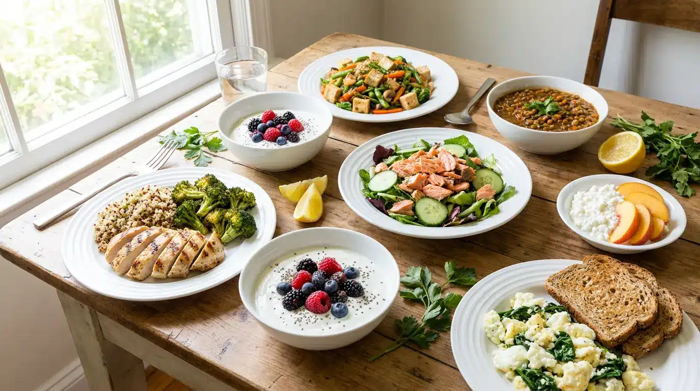 balanced high protein meals with chicken salmon eggs vegetables yogurt and fresh fruit on a kitchen table