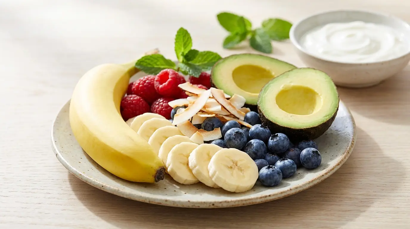 banana beside berries avocado coconut and unsweetened yogurt