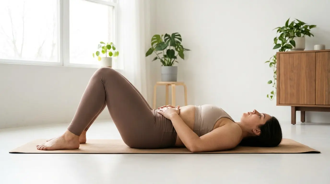 beginner practicing lying stomach vacuum with knees bent and hands resting on abdomen