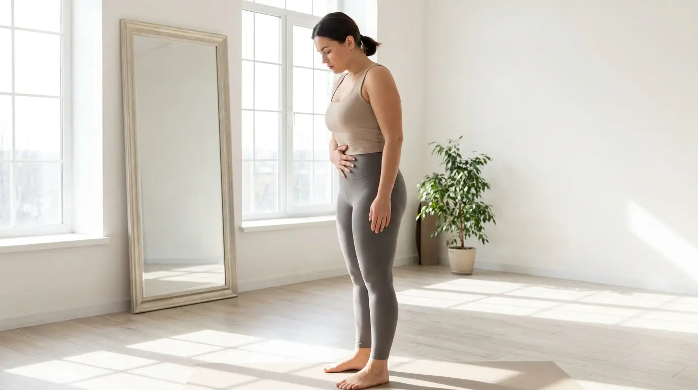 beginner practicing stomach vacuum exercise in a bright home workout space with relaxed posture