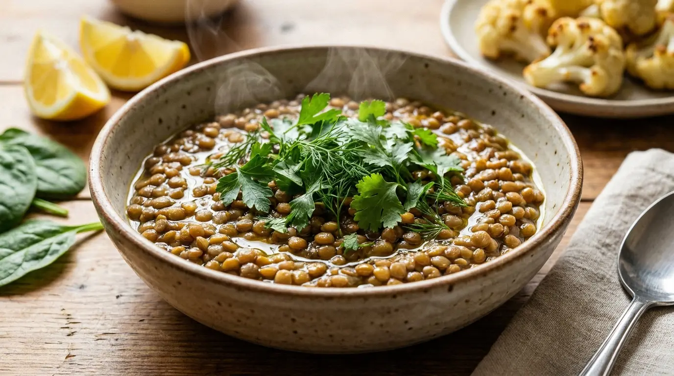 bowl of cooked lentils with herbs beside keto friendly vegetables
