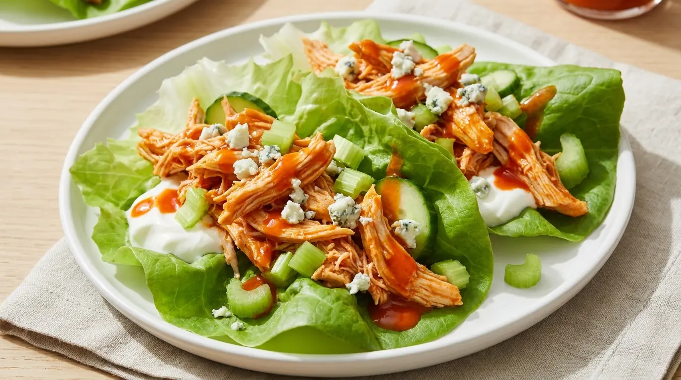 buffalo chicken lettuce wraps with celery cucumber and greek yogurt sauce on a white plate
